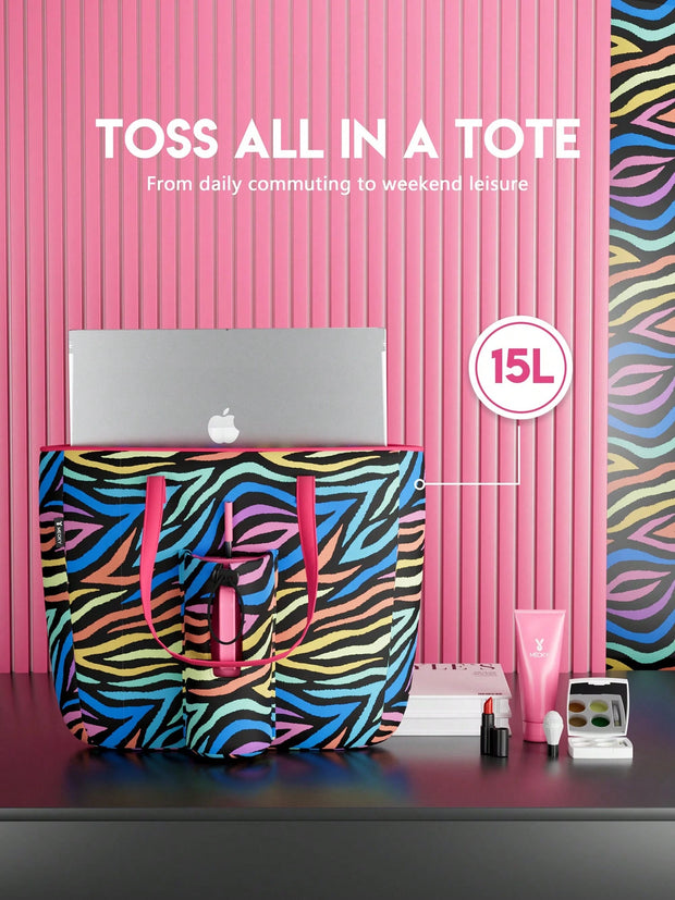 Tote Bag With Front Pocket And Zipper, Waterproof Shoulder Bag With Water Bottle Holder, Fits Laptop, Tumbler With Handle And Straw, - Luxe Ladies Moda