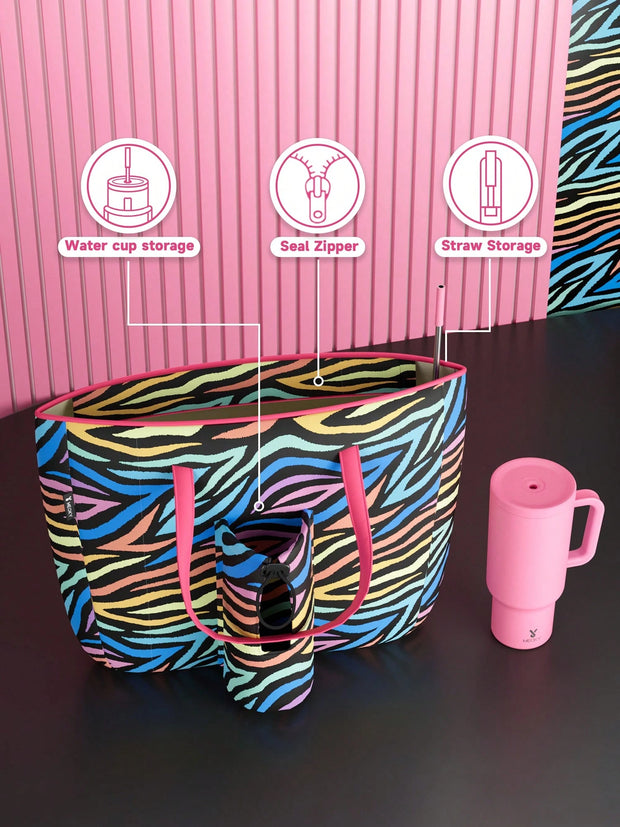 Tote Bag With Front Pocket And Zipper, Waterproof Shoulder Bag With Water Bottle Holder, Fits Laptop, Tumbler With Handle And Straw, - Luxe Ladies Moda