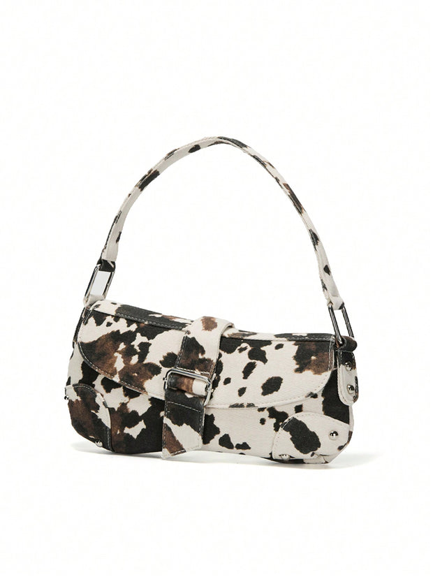 Cow Print Crescent Shoulder Bag – Studded Motorcycle Style Underarm Bag for Women - Luxe Ladies Moda