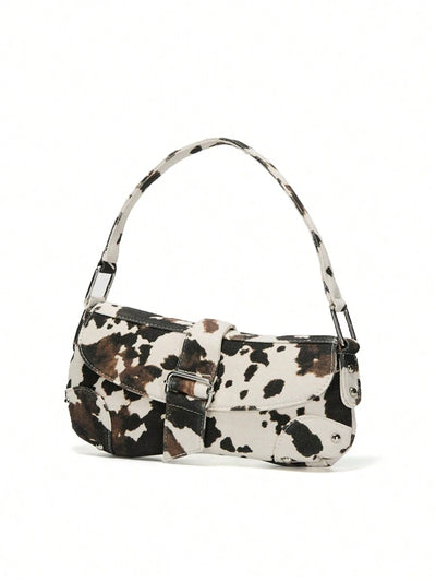Cow Print Crescent Shoulder Bag – Studded Motorcycle Style Underarm Bag for Women - Luxe Ladies Moda