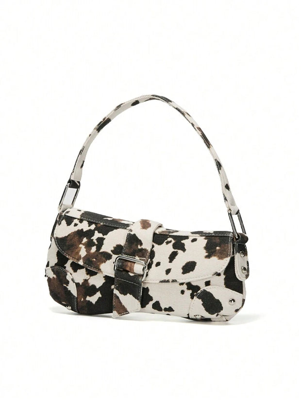 Cow Print Crescent Shoulder Bag – Studded Motorcycle Style Underarm Bag for Women - Luxe Ladies Moda