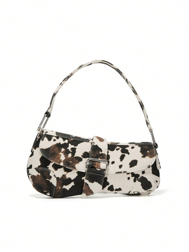 Cow Print Crescent Shoulder Bag – Studded Motorcycle Style Underarm Bag for Women - Luxe Ladies Moda