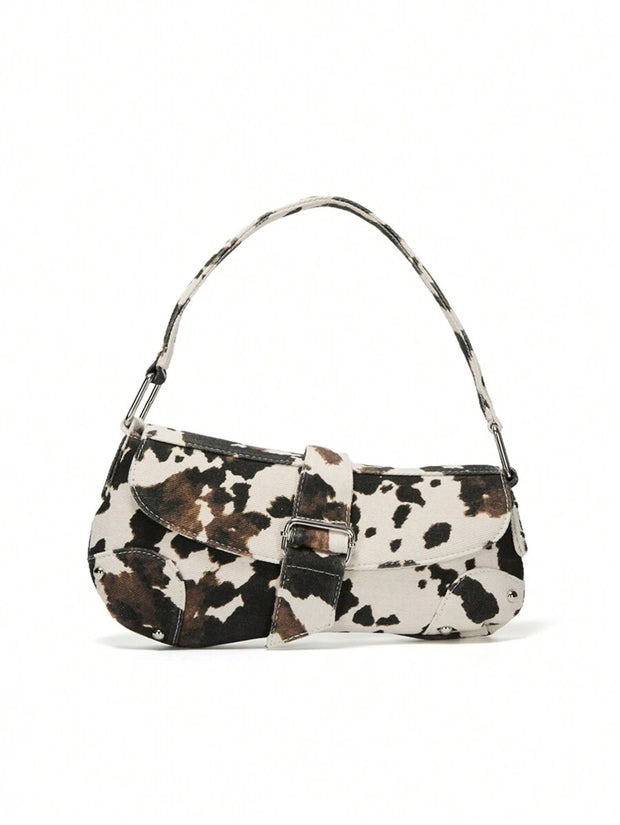 Cow Print Crescent Shoulder Bag – Studded Motorcycle Style Underarm Bag for Women - Luxe Ladies Moda