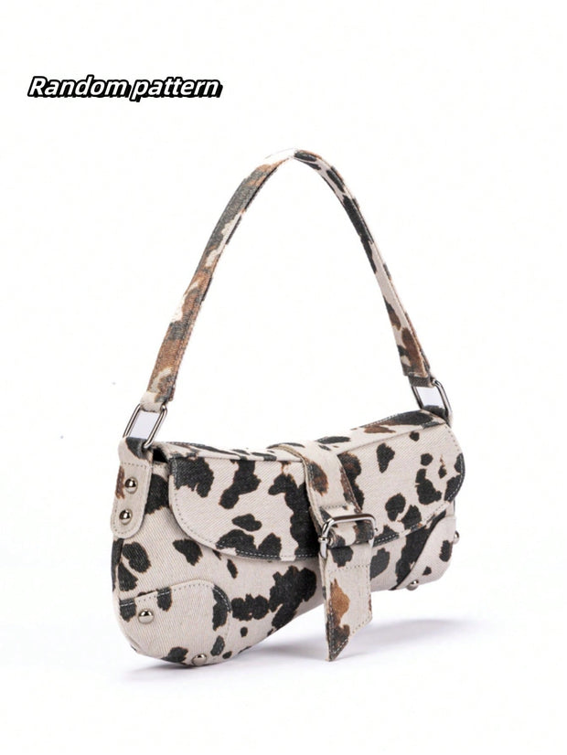 Cow Print Crescent Shoulder Bag – Studded Motorcycle Style Underarm Bag for Women - Luxe Ladies Moda