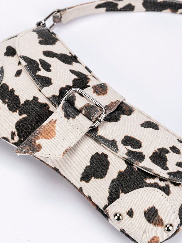 Cow Print Crescent Shoulder Bag – Studded Motorcycle Style Underarm Bag for Women - Luxe Ladies Moda