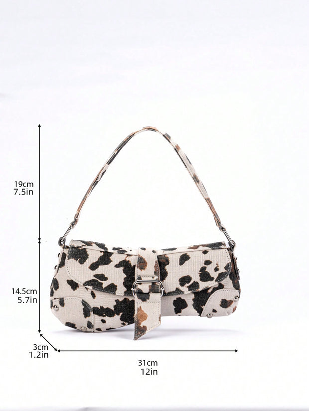 Cow Print Crescent Shoulder Bag – Studded Motorcycle Style Underarm Bag for Women - Luxe Ladies Moda