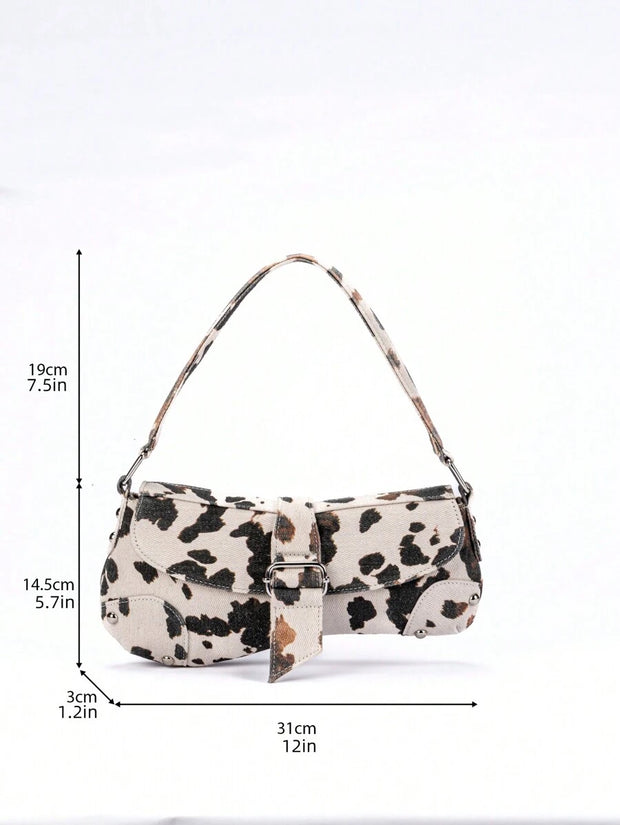 Cow Print Crescent Shoulder Bag – Studded Motorcycle Style Underarm Bag for Women - Luxe Ladies Moda