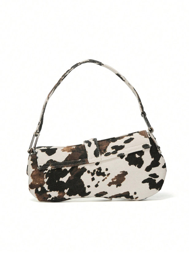 Cow Print Crescent Shoulder Bag – Studded Motorcycle Style Underarm Bag for Women - Luxe Ladies Moda