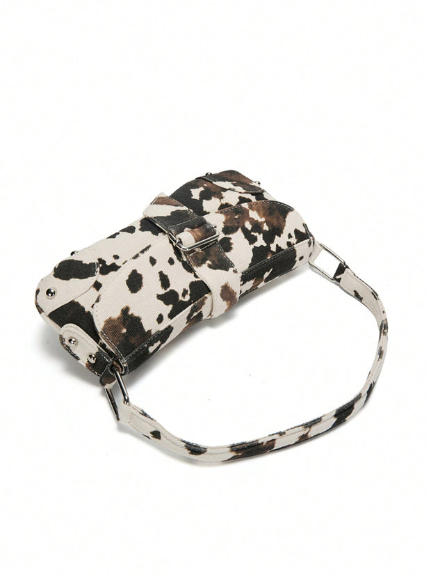 Cow Print Crescent Shoulder Bag – Studded Motorcycle Style Underarm Bag for Women - Luxe Ladies Moda