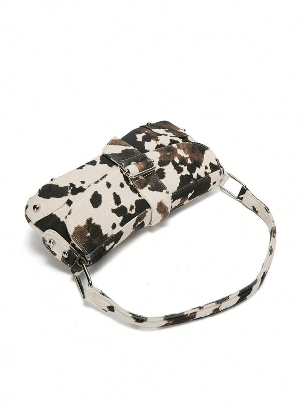 Cow Print Crescent Shoulder Bag – Studded Motorcycle Style Underarm Bag for Women - Luxe Ladies Moda