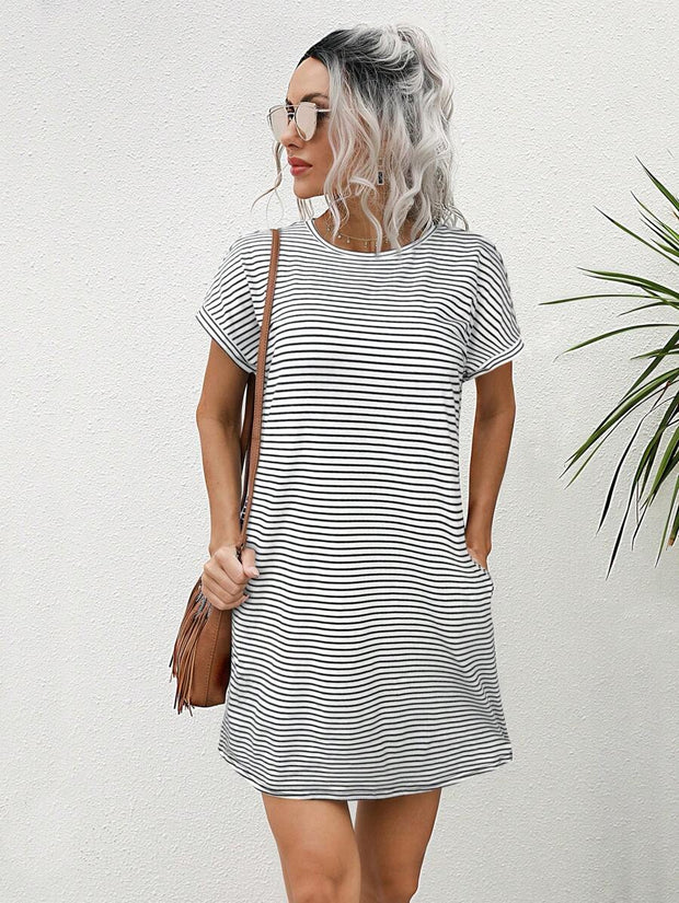 Striped Print Round Neck Patch Pocket Summer Short Sleeve Dress,Summer Dresses For Women - Luxe Ladies Moda