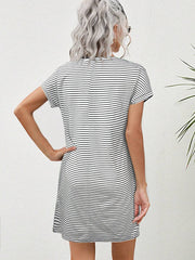 Striped Print Round Neck Patch Pocket Summer Short Sleeve Dress,Summer Dresses For Women - Luxe Ladies Moda