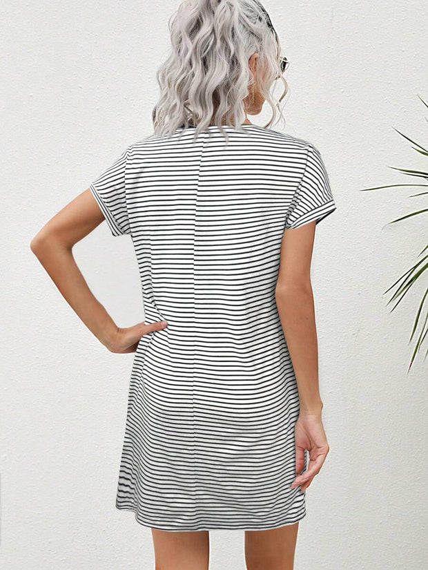 Striped Print Round Neck Patch Pocket Summer Short Sleeve Dress,Summer Dresses For Women - Luxe Ladies Moda