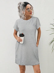 Striped Print Round Neck Patch Pocket Summer Short Sleeve Dress,Summer Dresses For Women - Luxe Ladies Moda