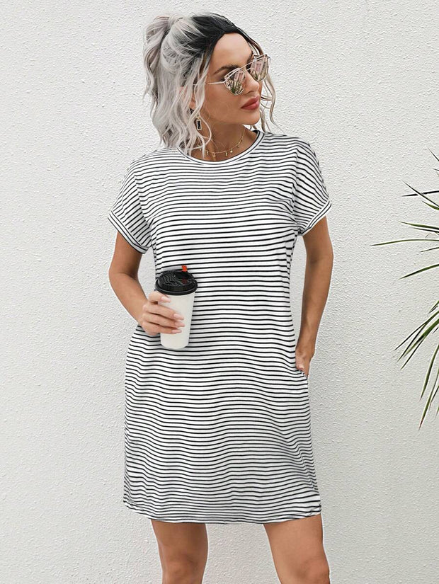 Striped Print Round Neck Patch Pocket Summer Short Sleeve Dress,Summer Dresses For Women - Luxe Ladies Moda
