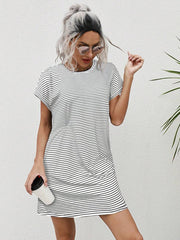 Striped Print Round Neck Patch Pocket Summer Short Sleeve Dress,Summer Dresses For Women - Luxe Ladies Moda