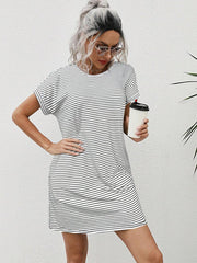 Striped Print Round Neck Patch Pocket Summer Short Sleeve Dress,Summer Dresses For Women - Luxe Ladies Moda