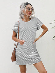 Striped Print Round Neck Patch Pocket Summer Short Sleeve Dress,Summer Dresses For Women - Luxe Ladies Moda