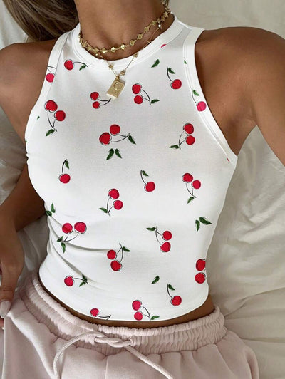 Cherry Print Casual Tight Fit Round Neck Tank Top For Women, Cute & Sweet, Suitable For Loungewear, Vacation, Summer - Luxe Ladies Moda