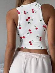 Cherry Print Casual Tight Fit Round Neck Tank Top For Women, Cute & Sweet, Suitable For Loungewear, Vacation, Summer - Luxe Ladies Moda