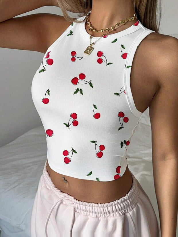 Cherry Print Casual Tight Fit Round Neck Tank Top For Women, Cute & Sweet, Suitable For Loungewear, Vacation, Summer - Luxe Ladies Moda