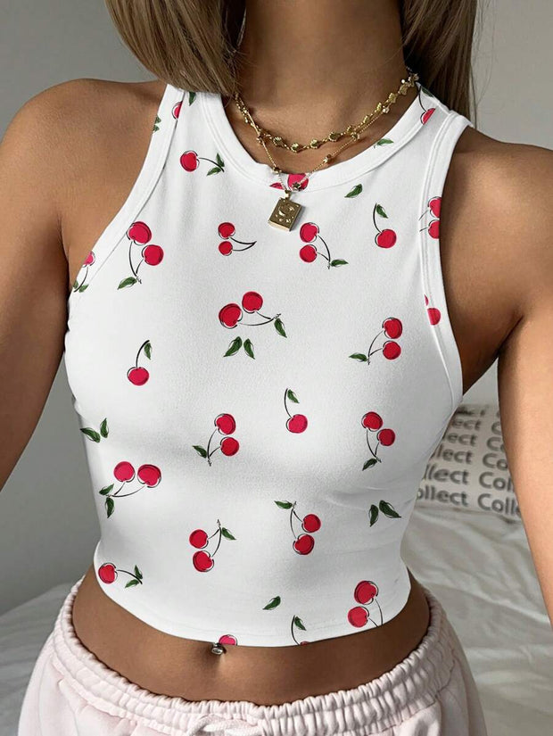 Cherry Print Casual Tight Fit Round Neck Tank Top For Women, Cute & Sweet, Suitable For Loungewear, Vacation, Summer - Luxe Ladies Moda