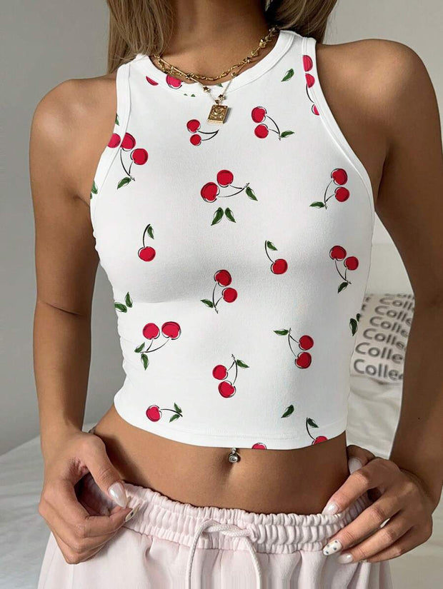 Cherry Print Casual Tight Fit Round Neck Tank Top For Women, Cute & Sweet, Suitable For Loungewear, Vacation, Summer - Luxe Ladies Moda