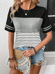 Women's Contrast Color Round Neck Short Sleeve T-Shirt Graphic Tees Women Tops - Luxe Ladies Moda
