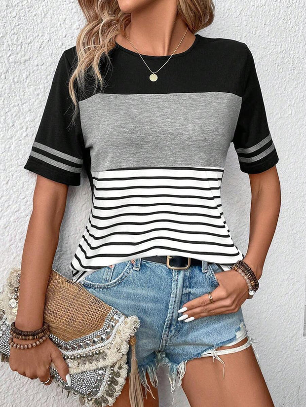 Women's Contrast Color Round Neck Short Sleeve T-Shirt Graphic Tees Women Tops - Luxe Ladies Moda