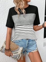 Women's Contrast Color Round Neck Short Sleeve T-Shirt Graphic Tees Women Tops - Luxe Ladies Moda