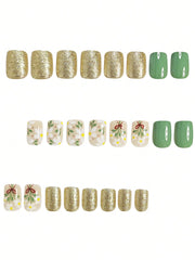 24pcs Short Square French False Nails, Cute And Simple Ins Milky White Flower Leaves Wear Nails, Full Coverage Detachable Women's Nail Art Set, Suitable For Party Dance Daily Wear - Luxe Ladies Moda