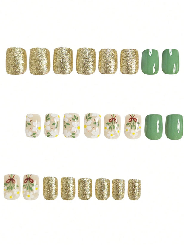 24pcs Short Square French False Nails, Cute And Simple Ins Milky White Flower Leaves Wear Nails, Full Coverage Detachable Women's Nail Art Set, Suitable For Party Dance Daily Wear - Luxe Ladies Moda
