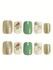 24pcs Short Square French False Nails, Cute And Simple Ins Milky White Flower Leaves Wear Nails, Full Coverage Detachable Women's Nail Art Set, Suitable For Party Dance Daily Wear - Luxe Ladies Moda