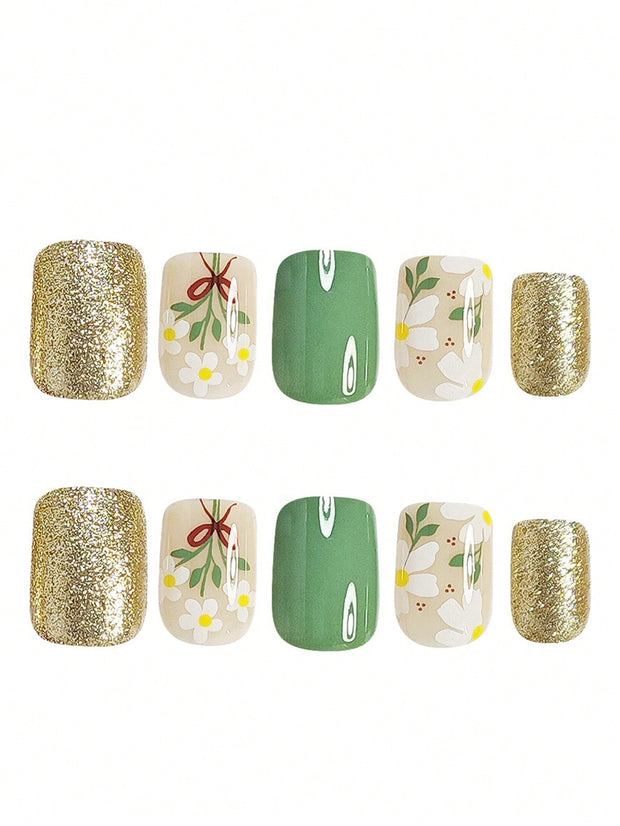 24pcs Short Square French False Nails, Cute And Simple Ins Milky White Flower Leaves Wear Nails, Full Coverage Detachable Women's Nail Art Set, Suitable For Party Dance Daily Wear - Luxe Ladies Moda