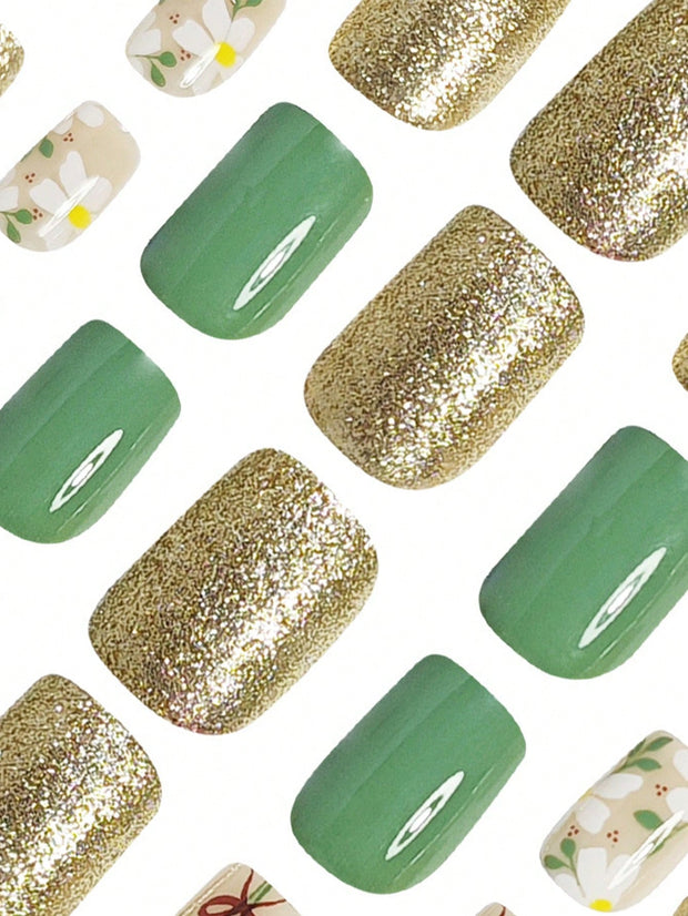 24pcs Short Square French False Nails, Cute And Simple Ins Milky White Flower Leaves Wear Nails, Full Coverage Detachable Women's Nail Art Set, Suitable For Party Dance Daily Wear - Luxe Ladies Moda