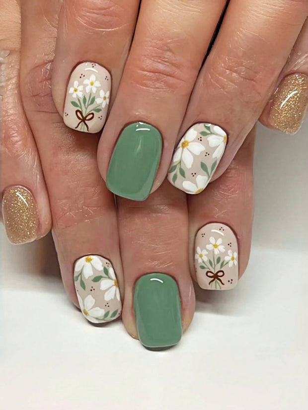 24pcs Short Square French False Nails, Cute And Simple Ins Milky White Flower Leaves Wear Nails, Full Coverage Detachable Women's Nail Art Set, Suitable For Party Dance Daily Wear - Luxe Ladies Moda