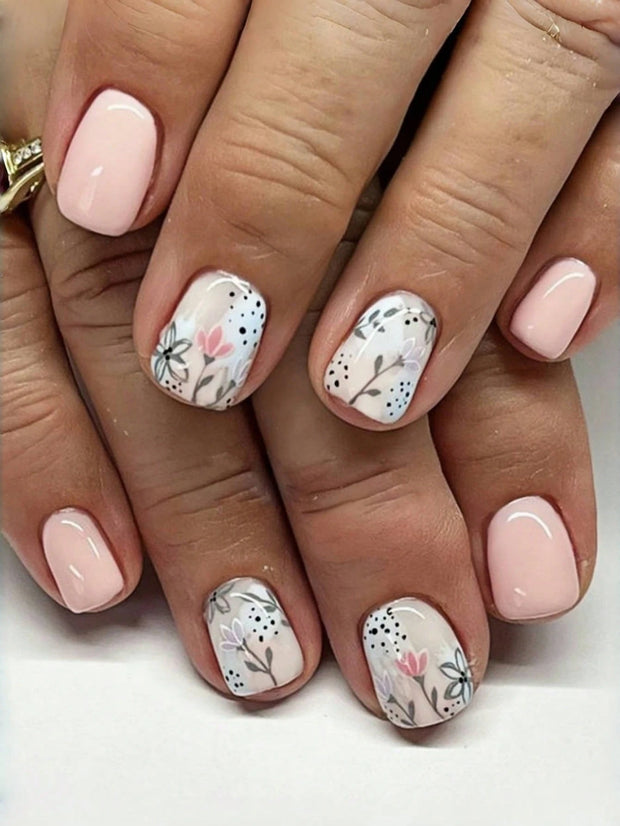 24pcs Short Square French False Nails, Cute And Simple Ins Milky White Flower Leaves Wear Nails, Full Coverage Detachable Women's Nail Art Set, Suitable For Party Dance Daily Wear - Luxe Ladies Moda