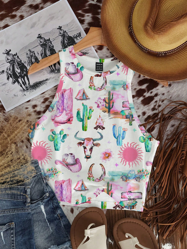 Casual Minimalist Crew Neck Cow Print Western Cowgirl Bohemian Style Bodycon Tank Top - Luxe Ladies Moda