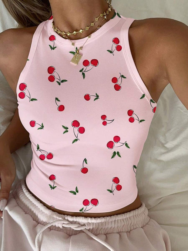 Cherry Print Casual Tight Fit Round Neck Tank Top For Women, Cute & Sweet, Suitable For Loungewear, Vacation, Summer - Luxe Ladies Moda