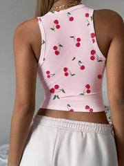 Cherry Print Casual Tight Fit Round Neck Tank Top For Women, Cute & Sweet, Suitable For Loungewear, Vacation, Summer - Luxe Ladies Moda