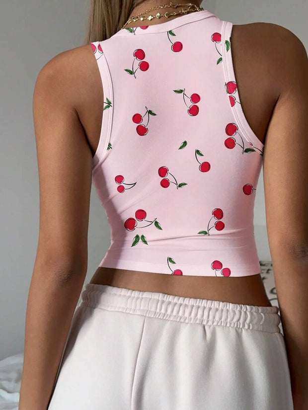 Cherry Print Casual Tight Fit Round Neck Tank Top For Women, Cute & Sweet, Suitable For Loungewear, Vacation, Summer - Luxe Ladies Moda