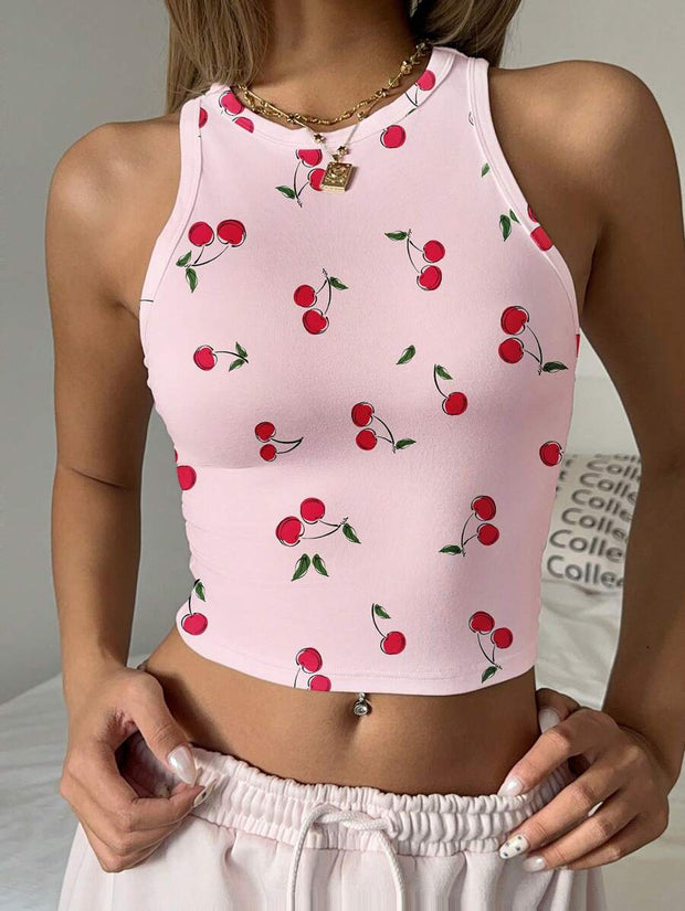 Cherry Print Casual Tight Fit Round Neck Tank Top For Women, Cute & Sweet, Suitable For Loungewear, Vacation, Summer - Luxe Ladies Moda