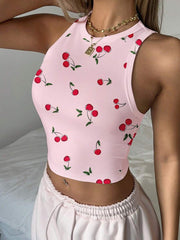 Cherry Print Casual Tight Fit Round Neck Tank Top For Women, Cute & Sweet, Suitable For Loungewear, Vacation, Summer - Luxe Ladies Moda