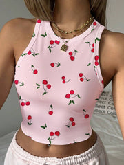 Cherry Print Casual Tight Fit Round Neck Tank Top For Women, Cute & Sweet, Suitable For Loungewear, Vacation, Summer - Luxe Ladies Moda