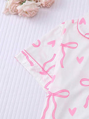 2pcs Bow Print Loungewear Set For Women, Comfortable Short Sleeve Collared Button-Up Shirt And Elastic Waist Shorts, Casual Outdoor/Indoor Sleepwear And Homewear, All Seasons,Two Pieces Set - Luxe Ladies Moda