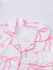 2pcs Bow Print Loungewear Set For Women, Comfortable Short Sleeve Collared Button-Up Shirt And Elastic Waist Shorts, Casual Outdoor/Indoor Sleepwear And Homewear, All Seasons,Two Pieces Set - Luxe Ladies Moda