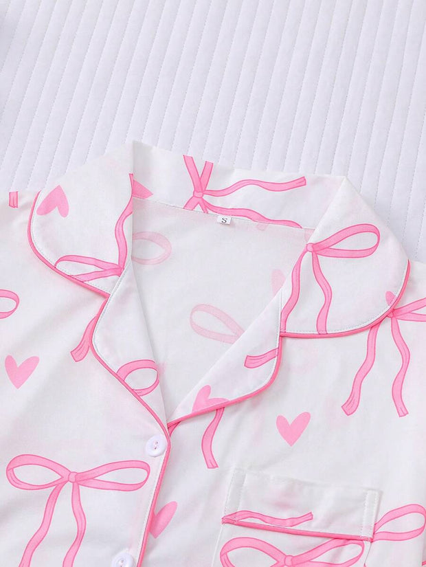 2pcs Bow Print Loungewear Set For Women, Comfortable Short Sleeve Collared Button-Up Shirt And Elastic Waist Shorts, Casual Outdoor/Indoor Sleepwear And Homewear, All Seasons,Two Pieces Set - Luxe Ladies Moda