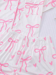 2pcs Bow Print Loungewear Set For Women, Comfortable Short Sleeve Collared Button-Up Shirt And Elastic Waist Shorts, Casual Outdoor/Indoor Sleepwear And Homewear, All Seasons,Two Pieces Set - Luxe Ladies Moda