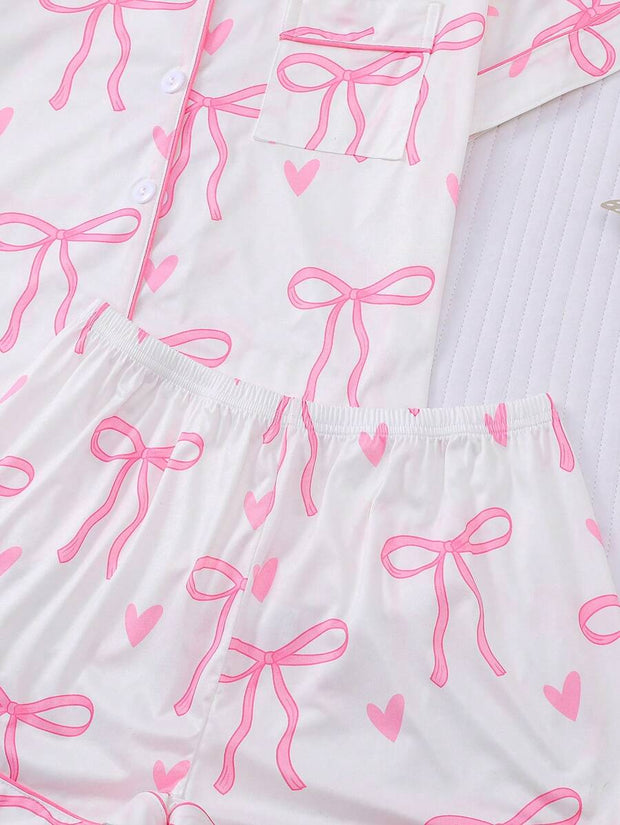 2pcs Bow Print Loungewear Set For Women, Comfortable Short Sleeve Collared Button-Up Shirt And Elastic Waist Shorts, Casual Outdoor/Indoor Sleepwear And Homewear, All Seasons,Two Pieces Set - Luxe Ladies Moda