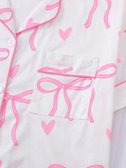 2pcs Bow Print Loungewear Set For Women, Comfortable Short Sleeve Collared Button-Up Shirt And Elastic Waist Shorts, Casual Outdoor/Indoor Sleepwear And Homewear, All Seasons,Two Pieces Set - Luxe Ladies Moda
